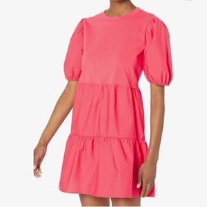 Sanctuary Poplin Mix Mini Dress Tiered Skirt Puff Sleeve Island Pink XS Summer